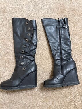 Women's Black Wedge Knee-High Boots